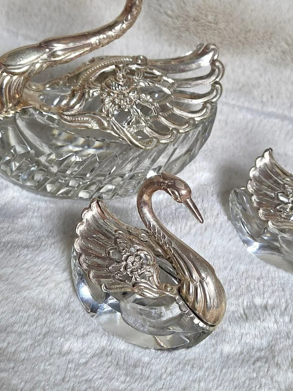 Vintage German Sterling Silver & Crystal Swan Master Salt Cellar Set of 3 - #F